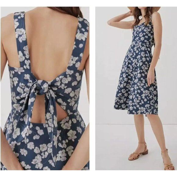Pact Dresses & Skirts - Pact Dress Womens M Blue Floral Organic Cotton Stretch Tie Back Pockets Outdoor